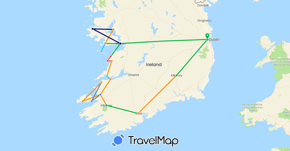 TravelMap itinerary: driving, bus, plane, cycling, hiking, boat, hitchhiking in Ireland (Europe)