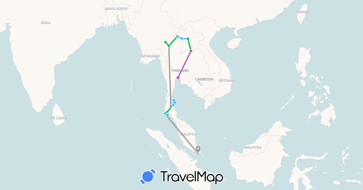TravelMap itinerary: driving, bus, plane, train, boat in Laos, Singapore, Thailand (Asia)
